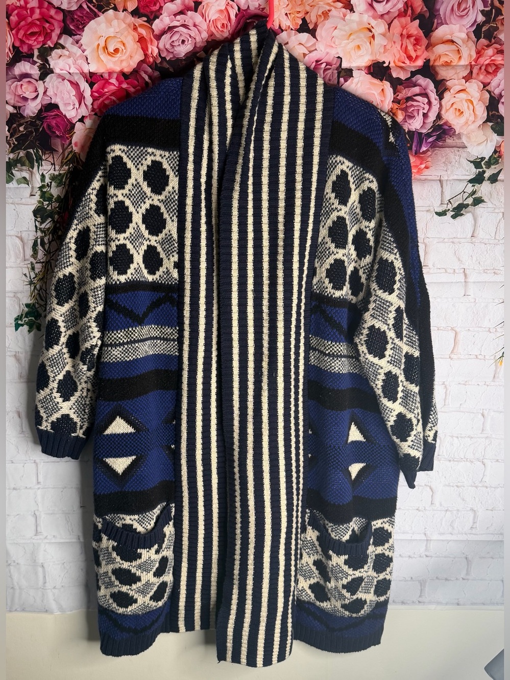 Lucky Brand Navy, Cream & Black Geometric Open Cardigan